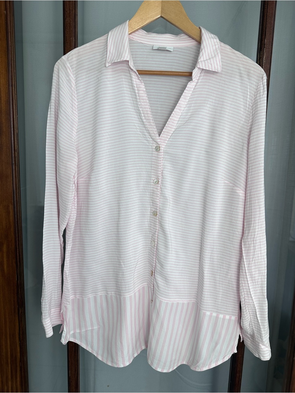 J. JILL Womens Stripe White Pink Button Up Coastal Tunic Blouse Long Sleeve Med